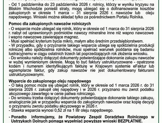 Rolnicy z powiatu bieszczadzkiego mogą składać wnioski o dopłaty do nawozów i paliwa