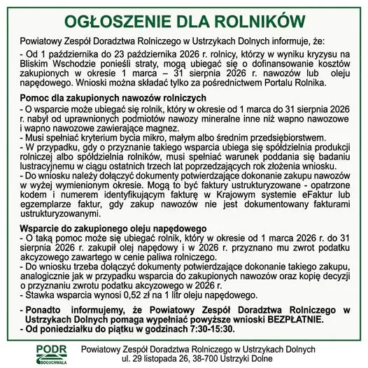 Rolnicy z powiatu bieszczadzkiego mogą składać wnioski o dopłaty do nawozów i paliwa